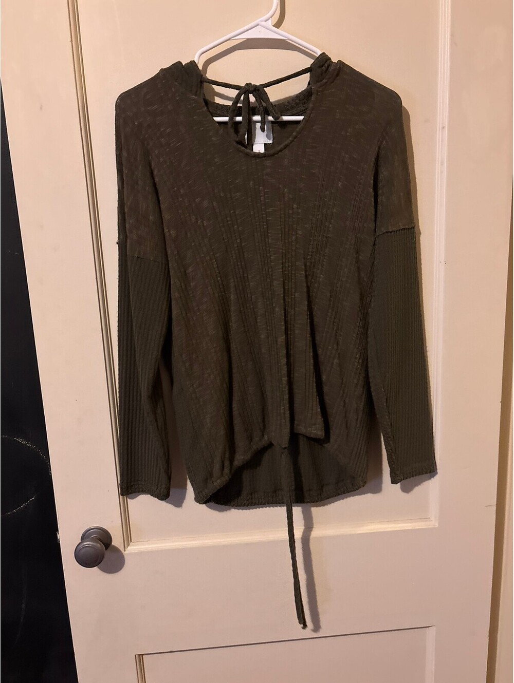 Sunday Olive Green Long Sleeve Ribbed Hoodie Top with Tie Detail, Size Small